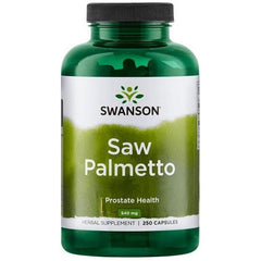 Swanson Saw Palmetto bottle, 540 mg, for prostate health, 250 capsules, herbal supplement.