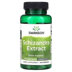Swanson Schizandra Extract bottle, 500mg, 60 capsules, herbal supplement for stress support and liver health.