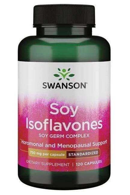 Swanson Soy Isoflavones supplement bottle, supports hormonal balance and menopausal relief, 750 mg per capsule.