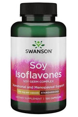 Swanson Soy Isoflavones supplement bottle, supports hormonal balance and menopausal relief, 750 mg per capsule.
