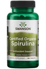 Swanson Certified Organic Spirulina supplement bottle, 180 tablets, providing antioxidant support and green food formula.