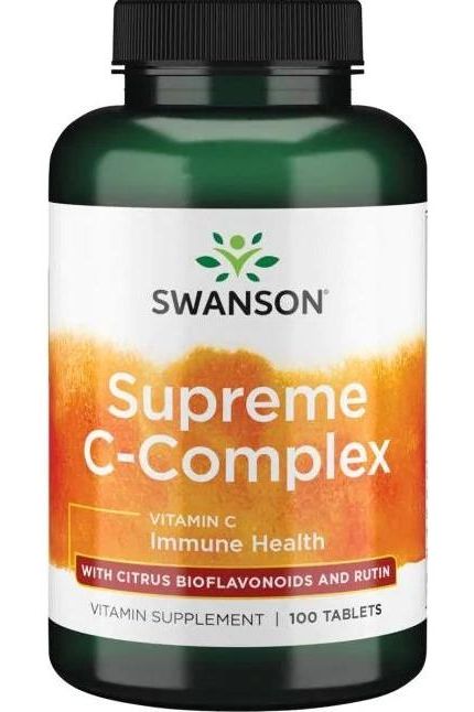 Swanson Supreme C-Complex vitamin C supplement bottle for immune health, with 100 tablets and citrus bioflavonoids.