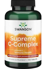 Swanson Supreme C-Complex vitamin C supplement bottle for immune health, with 100 tablets and citrus bioflavonoids.