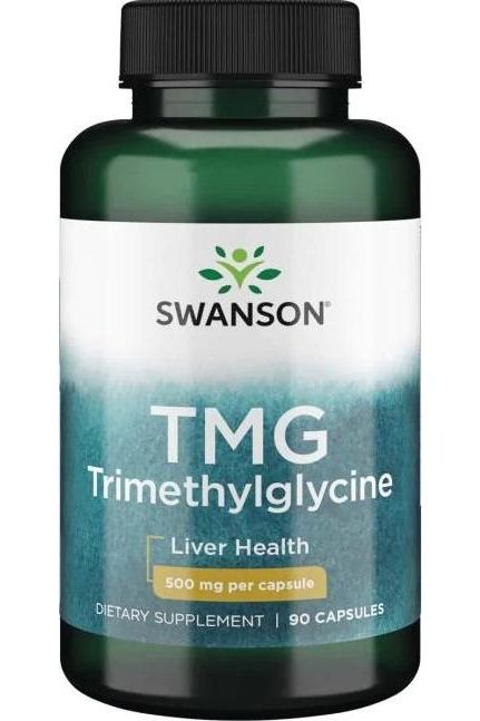 Swanson TMG Trimethylglycine supplement bottle for liver health, 500mg per capsule, 90 capsules.