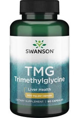 Swanson TMG Trimethylglycine supplement bottle for liver health, 500mg per capsule, 90 capsules.