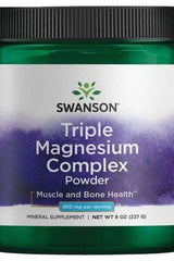 Swanson Triple Magnesium Complex Powder container for muscle and bone health, 227g mineral supplement.