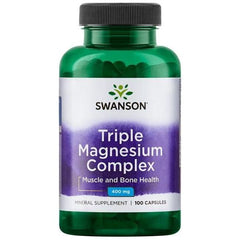 Swanson Triple Magnesium Complex bottle, 100 capsules for muscle, bone, and heart health, delivering 400 mg of magnesium.