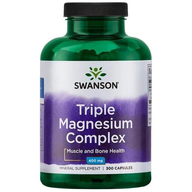 Swanson Triple Magnesium Complex bottle for muscle and bone health, containing 300 capsules of 400 mg magnesium.