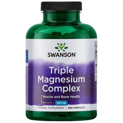 Swanson Triple Magnesium Complex bottle for muscle and bone health, containing 300 capsules of 400 mg magnesium.