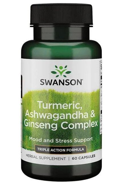 Swanson Turmeric, Ashwagandha & Ginseng Complex bottle for mood and stress support - 60 capsules