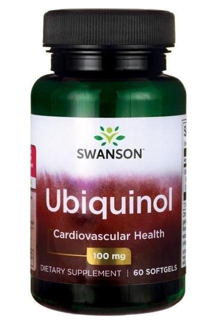 Swanson Ubiquinol dietary supplement for cardiovascular health in a 100 mg bottle containing 60 softgels.