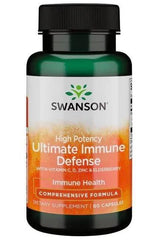 Swanson Ultimate Immune Defense supplement bottle with vitamins C, D, and zinc for immune health.