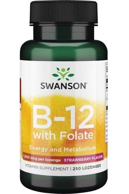 Swanson Vitamin B12 supplement with folate in strawberry flavor, 1000 mcg per lozenge, 250 count bottle.