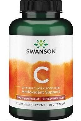 Swanson Vitamin C with Rose Hips bottle, 500mg timed-release, 250 tablets for antioxidant support