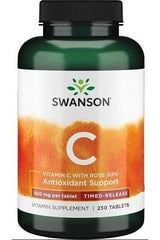 Swanson Vitamin C with Rose Hips bottle, 500mg timed-release, 250 tablets for antioxidant support