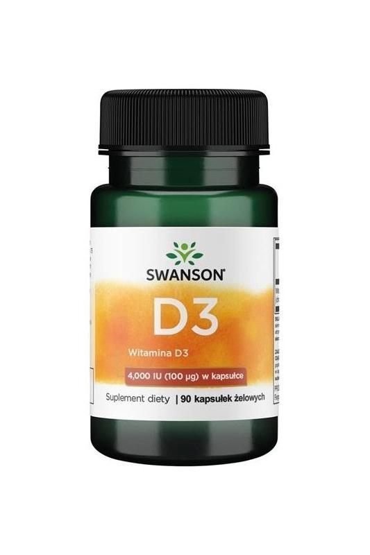 Swanson Vitamin D3 supplement bottle with 90 soft capsules, supports immune and bone health.