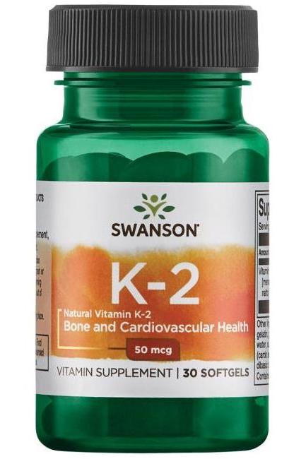 Swanson Natural Vitamin K-2 supplement bottle for bone and cardiovascular health, 30 softgels, 50 mcg.