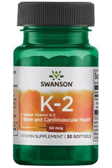 Swanson Natural Vitamin K-2 supplement bottle for bone and cardiovascular health, 30 softgels, 50 mcg.