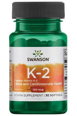 Swanson K-2 Natural Vitamin K2 supplement for bone and cardiovascular health, 100 mcg, 30 softgels.