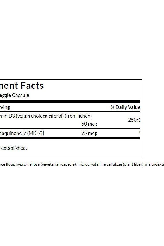 Swanson Vitamins D3 & K2 supplement facts panel showing dosage and ingredients for vegan capsules.
