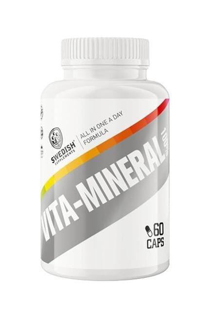 Swedish Supplements Vita-Mineral bottle featuring all-in-one daily formula, 60 capsules.