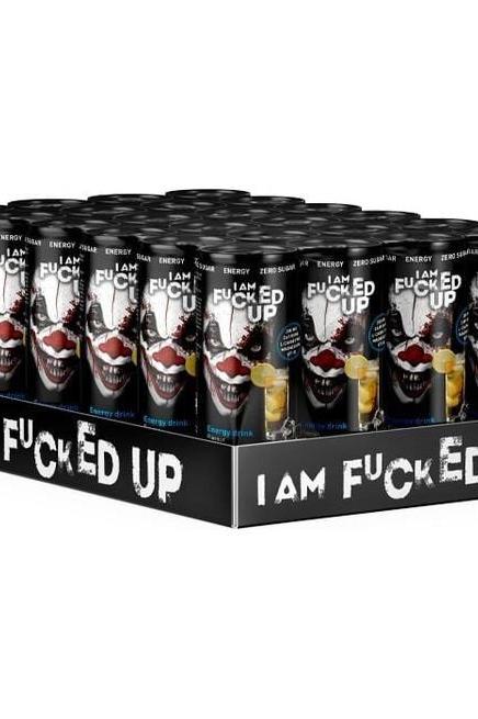 Display of 24 I am F-cked Up PWO drinks in a box, promoting healthy energy and well-being.