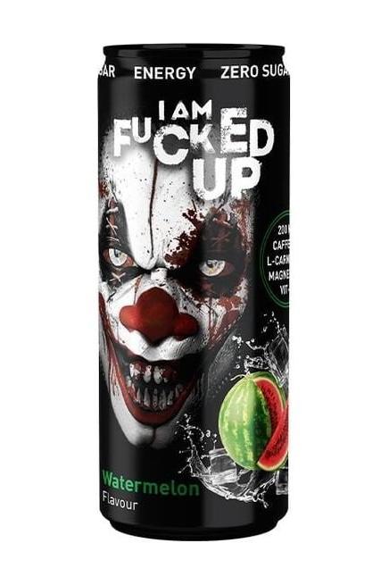 I am F-cked Up PWO drink can with watermelon flavor, zero sugar, energetic design featuring a clown.
