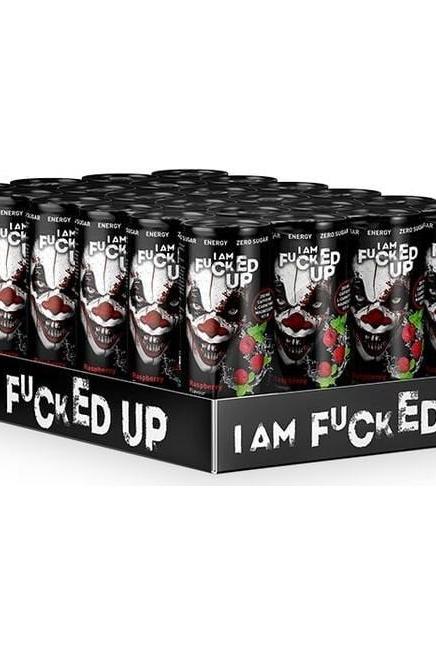 Display of 24 I Am F-cked Up PWO energy drink cans on a black pallet, highlighting the unique packaging.