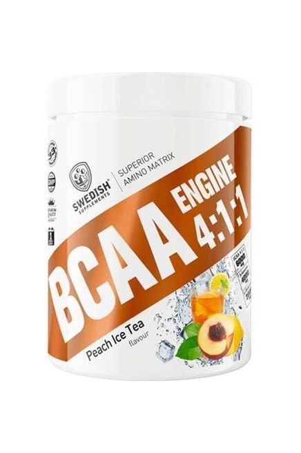 Swedish Supplements BCAA Engine 4:1:1 protein powder, Peach Ice Tea flavor, for muscle recovery and growth.