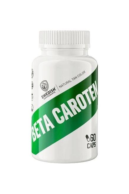 Swedish Supplements beta carotene bottle, 60 caps, natural tan color, promotes skin health and immune support.