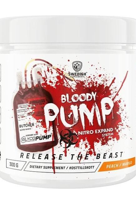 Swedish Supplements Bloody Pump pre-workout powder, 300 g, in a peach/mango flavor, promoting energy and muscle recovery.