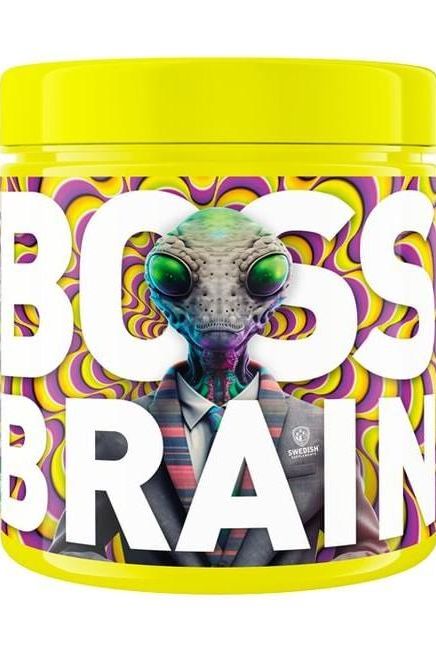 Bossbrain supplement jar with alien character, vibrant design for increased focus and energy, Swedish nutritional support.
