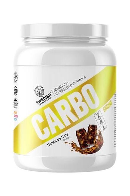 Swedish Supplements Carbo Engine 1kg jar with delicious cola flavor, enhances energy and focus for workouts.