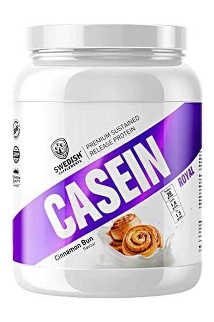 Swedish Supplements Casein Royal protein powder in Cinnamon Bun flavor, packaging design with purple accents.