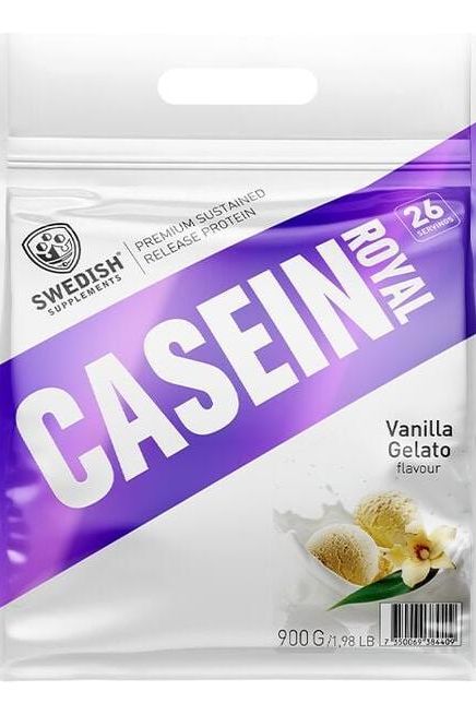Swedish Supplements Casein Royal 900g protein powder Vanilla Gelato flavor packaging with nutritional info.