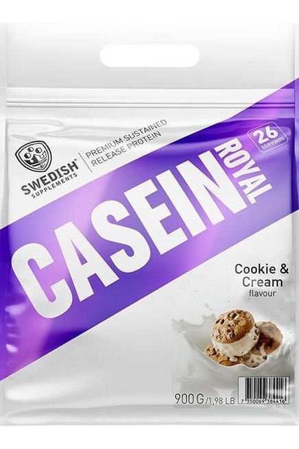 Swedish Supplements Casein Royal 900g packaging with Cookie & Cream flavor and high protein content.