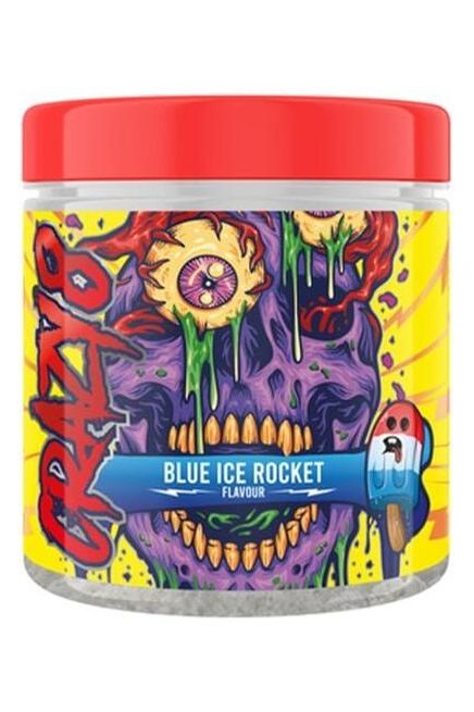 Crazy 8 PWO Blue Ice Rocket flavor pre-workout supplement jar with vibrant graphic design.