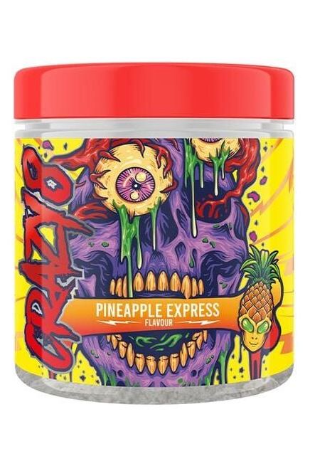 Swedish Supplements Crazy 8 PWO Pineapple Express flavor, featuring vibrant skull design and energizing pre-workout formula.