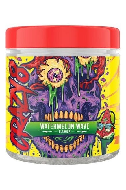 Crazy 8 Pre-Workout Supplement in Watermelon Wave flavor, vibrant packaging featuring a colorful monster design.