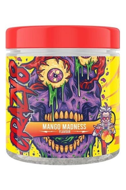 Swedish Supplements Crazy 8 PWO Mango Madness flavor pre-workout supplement jar with vibrant artwork.