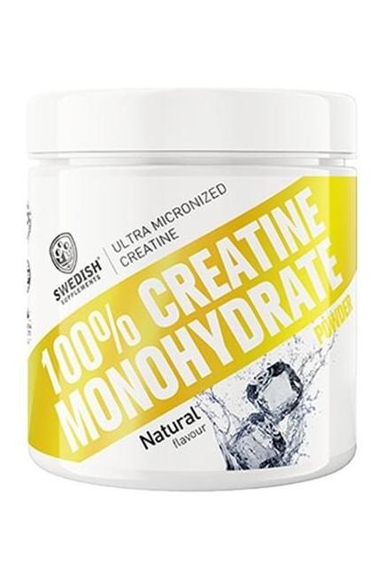 Swedish Supplements 100% Creatine Monohydrate powder in white jar with yellow label