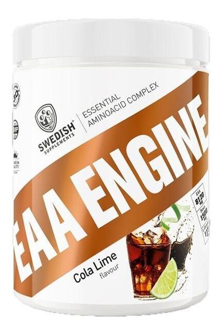 Swedish Supplements EAA Engine 450g jar with Cola Lime flavor, essential amino acid complex for muscle recovery.