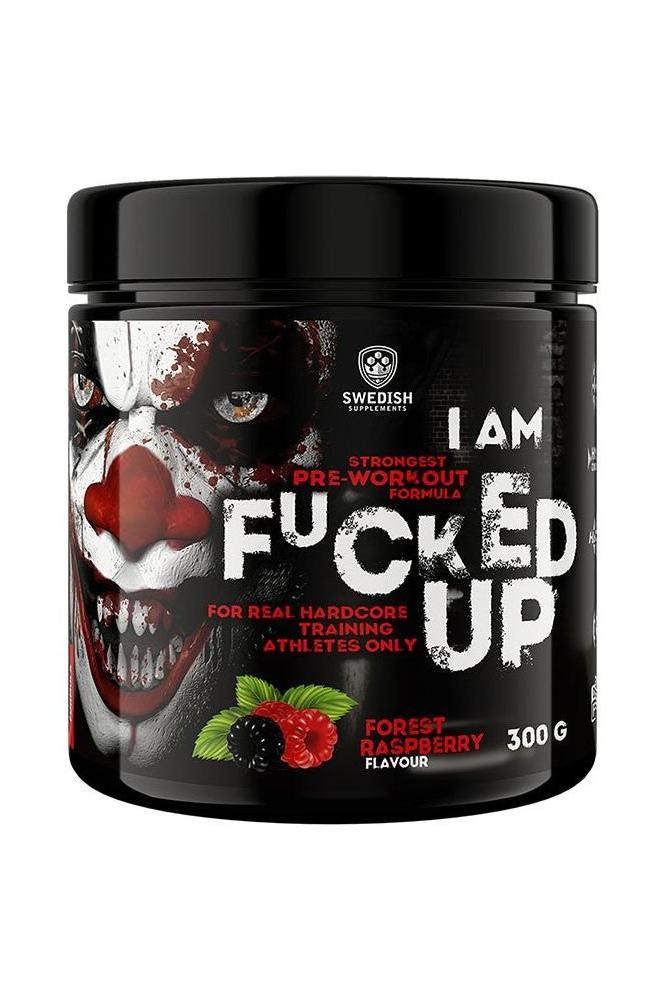 Fucked Up Joker pre-workout supplement by Swedish Supplements, 300g forest raspberry flavor, energy and focus boost.