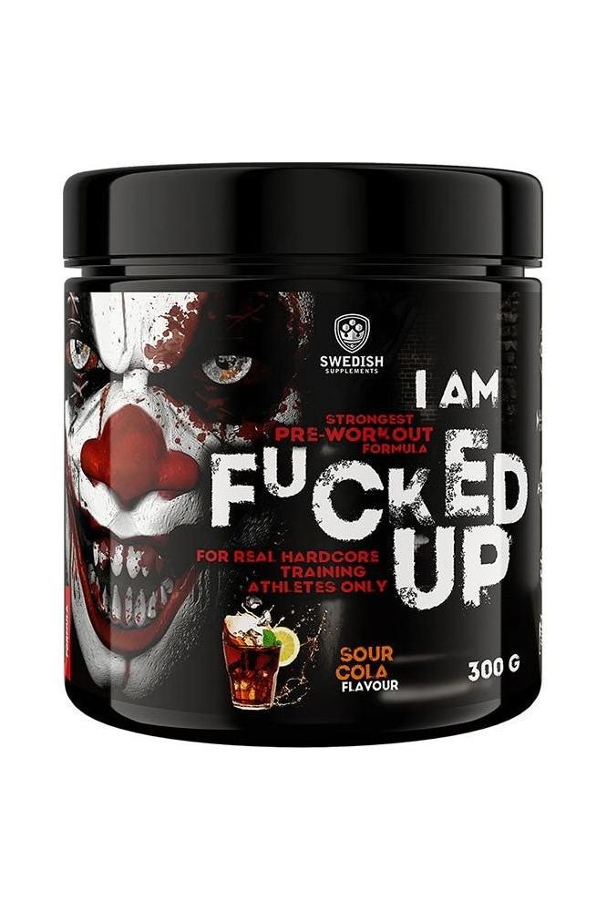 Fucked Up Joker pre-workout supplement by Swedish Supplements in a black container with a clown design, 300g sour cola flavor.