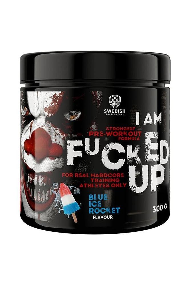 Fucked Up Joker pre-workout supplement by Swedish Supplements, 300g, Blue Ice Rocket flavor, energizing formula.