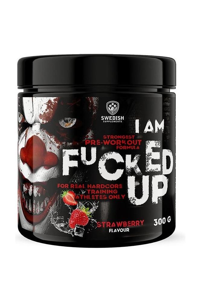 Fucked Up Joker pre-workout supplement by Swedish Supplements in strawberry flavor, 300g container.