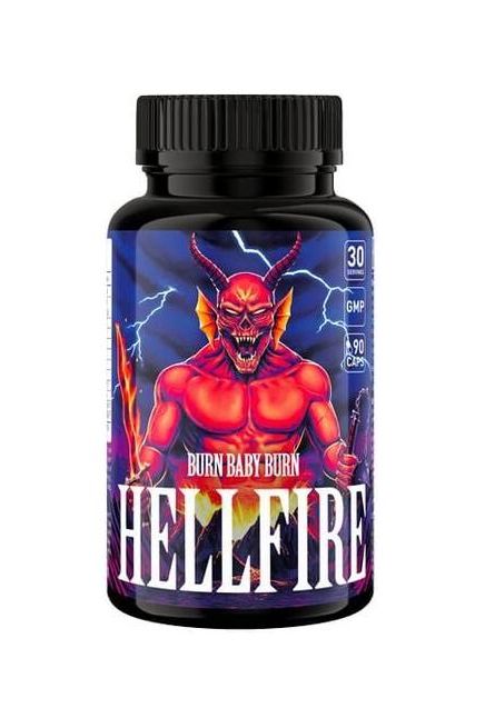 Hellfire Fatburner supplement bottle featuring vibrant design, 90 capsules for weight loss and metabolism booster.