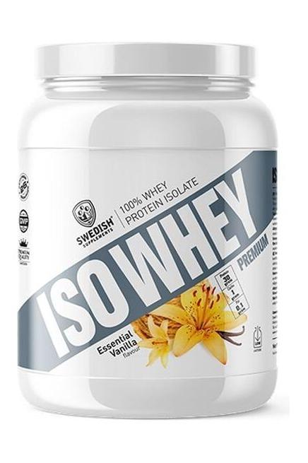 Swedish Supplements ISO Whey protein isolate jar with vanilla flavor, 700 g packaging design.