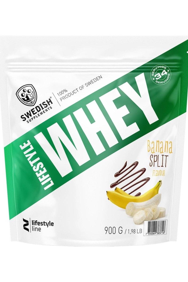 Swedish Supplements Lifestyle Whey protein powder in banana split flavor, 900g packaging with 34 servings.