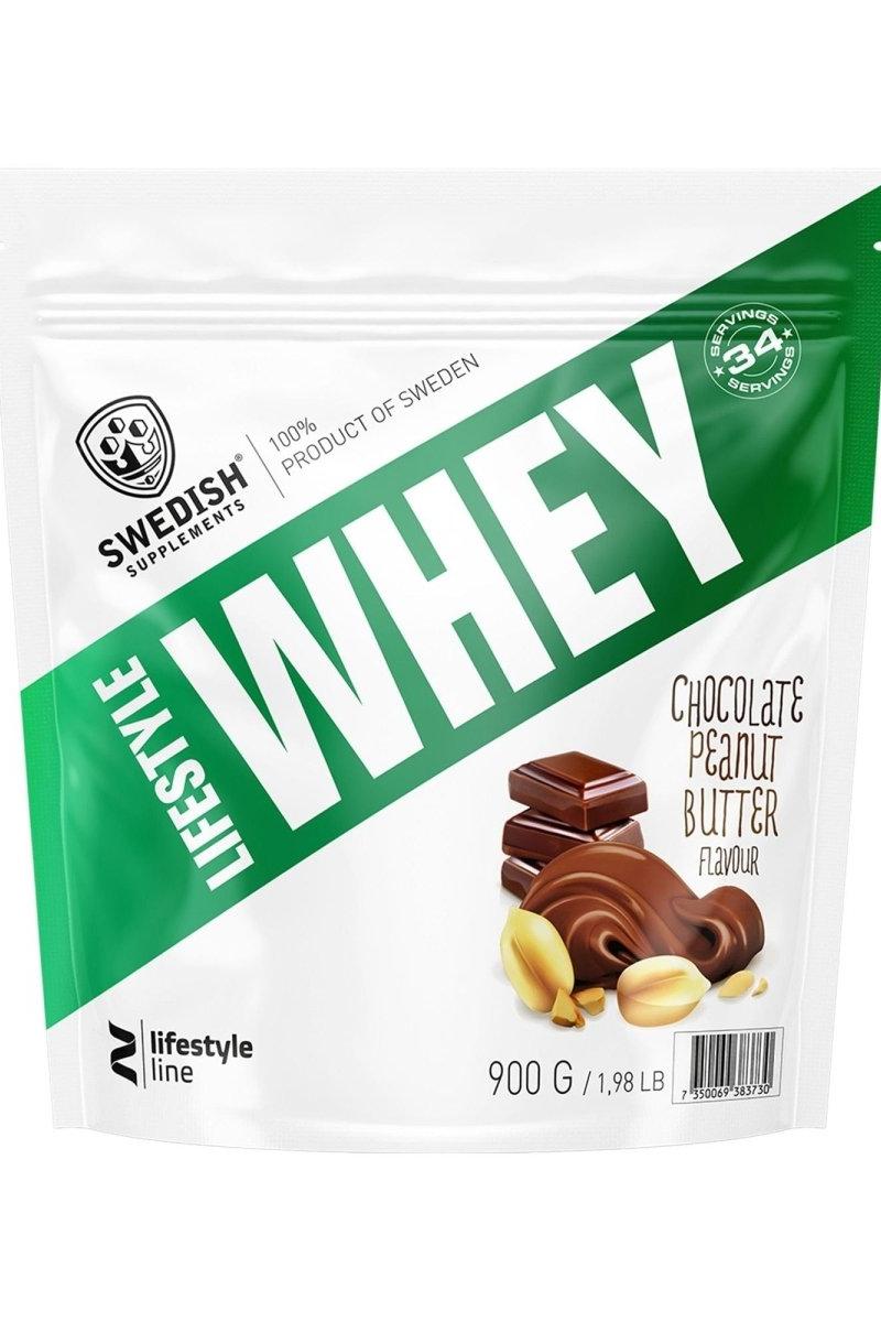 Swedish Supplements Lifestyle Whey chocolate peanut butter flavor, 900g, 34 servings for muscle recovery.